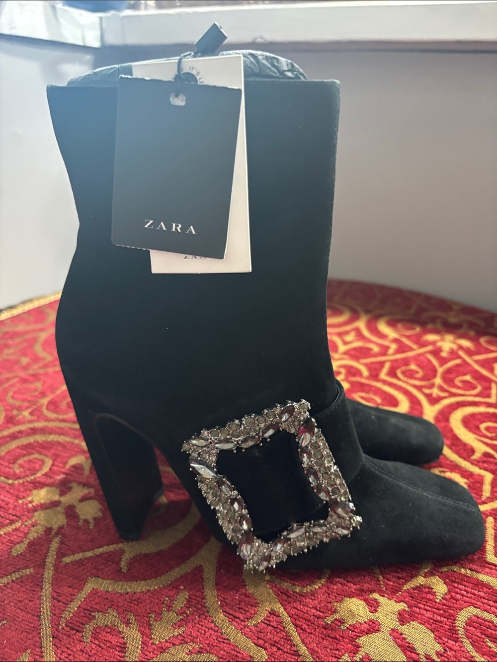 Zara Black Suede Ankle Boots with Crystal Buckle